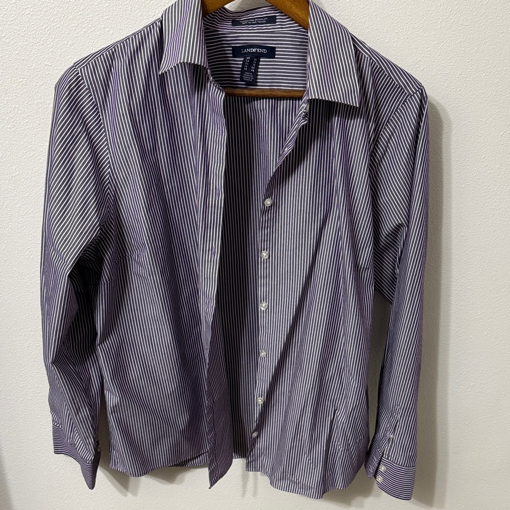 Lands' End Women's Purple and White Striped Button-Down Shirt